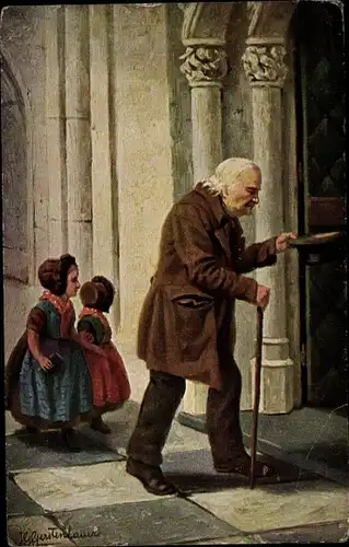 Künstler Ak Gerstenhauer, J. G., Kinder in niederländischer Tracht, Kirche, Mann mit Gehstock