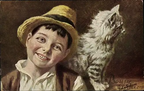 Künstler Ak Gerstenhauer, Johann Georg, Kinderportrait, Junge mit Katze