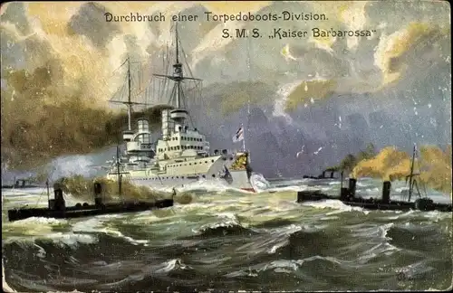 Künstler Ak Deutsche Kriegsschiffe, Torpedoboots Division, SMS Kaiser Barbarossa, Kaiserliche Marine