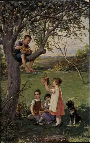 Künstler Ak Humborg, Schenk uns auch Äpfel, Kinder unter einem Apfelbaum