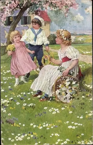 Künstler Ak Junge im Matrosenanzug und zwei Mädchen auf einer Frühlingswiese