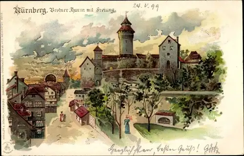 Sonnenschein Litho Nürnberg in Mittelfranken Bayern, Vestner Turm mit Freiung
