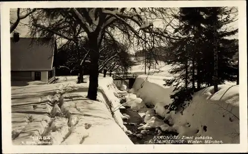 Ak Riesengebirge Schlesien, Wintermärchen, Dorfpartie, Brücke