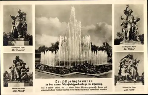 Ak Chemnitz in Sachsen, Neue Schlossteich-Parkanlage, Leuchtspringbrunnen, Figuren