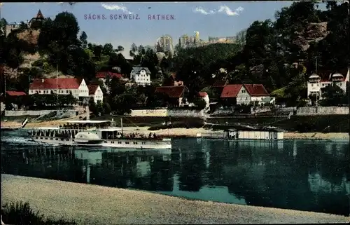 Ak Kurort Rathen im Elbsandsteingebirge, Elbe mit Gasthof Lilienstein und Dampfer