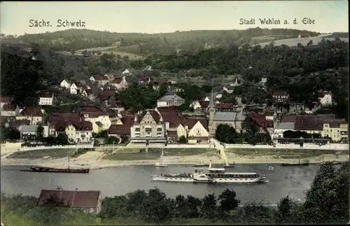 Ak Stadt Wehlen an der Elbe Sächsische Schweiz, Gesamtansicht, Kirche, Dampfer