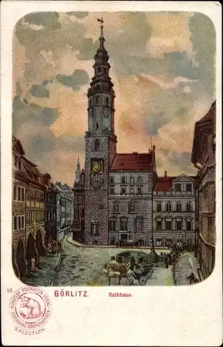 Litho Görlitz in der Lausitz, Rathaus, Reklame Hoffmanns Stärkefabriken Salzuflen