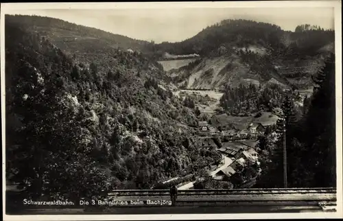 Ak Triberg im Schwarzwald, Gasthaus Bachjörg, Schwarzwaldbahn, 3 Bahnlinien