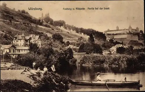 Ak Würzburg am Main Unterfranken, Festung, Käppele, Ruderboot, Frau, Kinder
