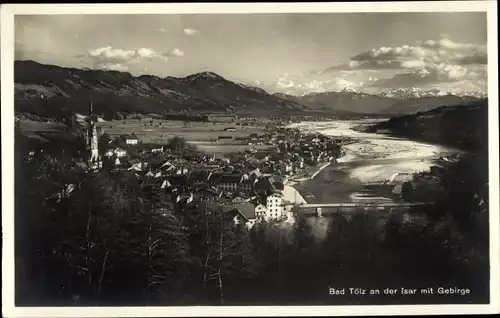 Ak Bad Tölz in Oberbayern, Panorama, Isar, Kirche, Gebirge