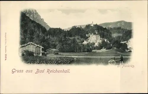 Ak Karlstein Bad Reichenhall in Oberbayern, Wallfahrtskirche St. Pankraz, Handwagen, Mann