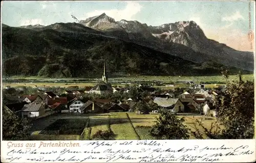 Ak Garmisch Partenkirchen in Oberbayern, Kirche, Panorama
