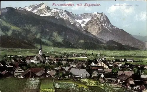 Ak Garmisch Partenkirchen in Oberbayern, Kirche, Zugspitze, Panorama