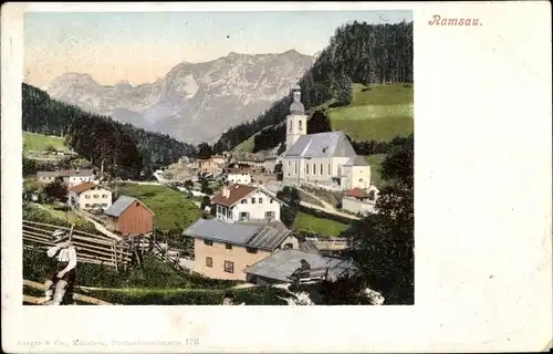 Ak Ramsau im Berchtesgadener Land Oberbayern, Totalansicht, Kirche, Berge