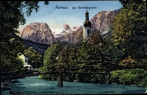 Ak Ramsau im Berchtesgadener Land Oberbayern, Kirche, Brücke