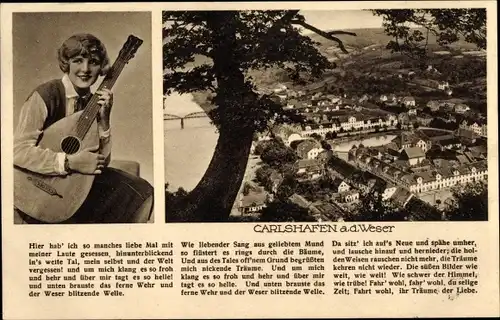 Ak Bad Karlshafen an der Weser, Panorama, Frau mit Mandoline, Weserlied