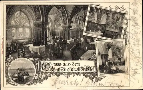 Passepartout Ak Kiel in Schleswig Holstein, Blick in den Ratsweinkeller, Dampfer in Fahrt