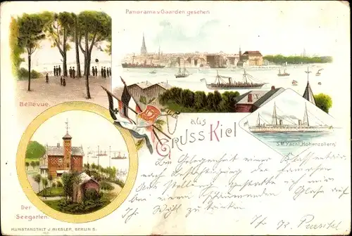 Litho Kiel in Schleswig Holstein, Deutsches Kriegsschiff, SM Yacht Hohenzollern, Seegarten, Bellevue