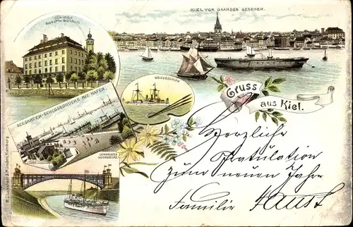 Litho Kiel in Schleswig Holstein, Schloss, Seegarten, Hafen, Kriegsschiff, Levensauer Hochbrücke