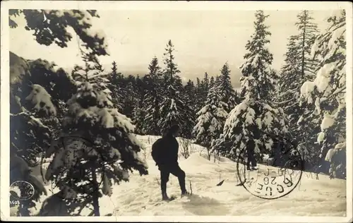 Ak Kristiania Christiania Oslo Norwegen, schneebedeckte Tannen, Wanderer