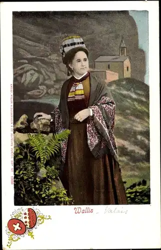 Ak Kanton Wallis, Frau in Volkstracht, Wappen, Kirche