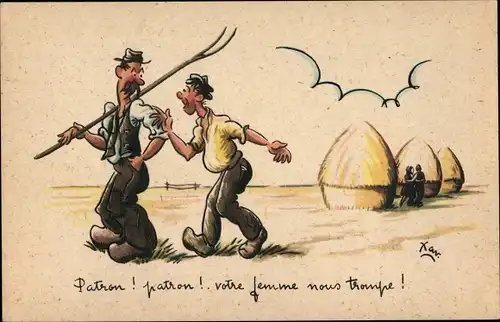 Künstler Ak Bauer mit Heugabel, Stroh, Ernte, Gespräch