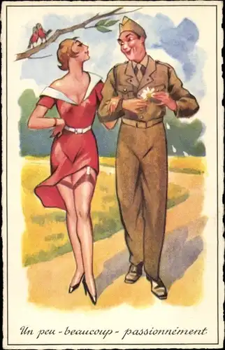Künstler Ak Frau und Soldat, kurzes Kleid, Strümpfe
