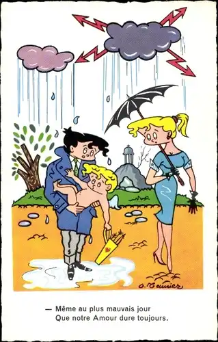 Künstler Ak Mann mit Amor im Arm, Regen, Gewitter