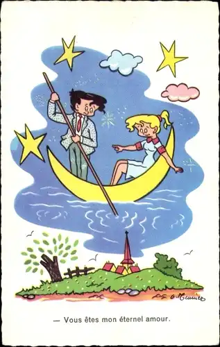 Künstler Ak Liebespaar, Mond als Gondel