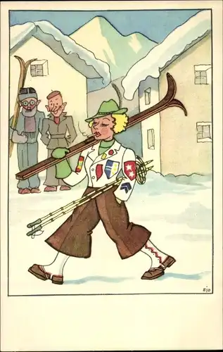 Künstler Ak Rauchende Frau mit Skiern