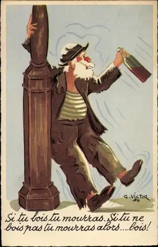 Künstler Ak Victor, Betrunkener Mann hält sich an einem Mast fest