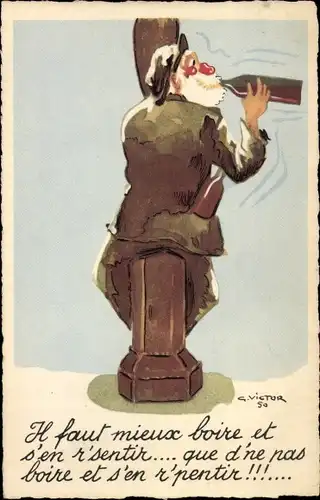 Künstler Ak Victor, Betrunkener Mann mit Weinflasche