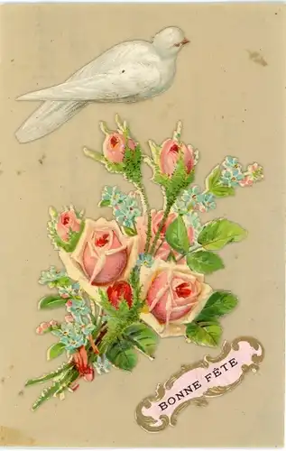 Zelluloid Ak Glückwunsch, Rosen, Taube, Blumenstrauß