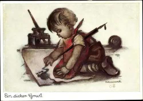 Künstler Ak Hummel, Berta, Ein dicker Gruß, Kind, Tintenfass
