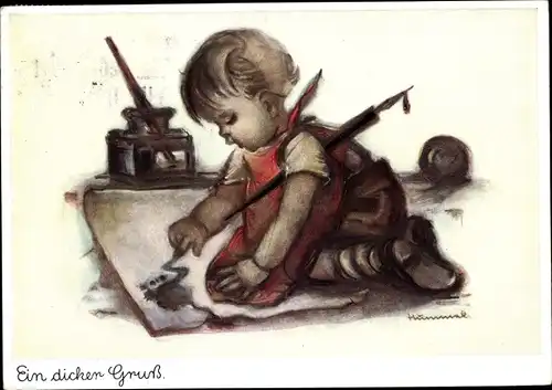 Künstler Ak Hummel, Berta, Ein dicker Gruß, Kind, Tintenfass