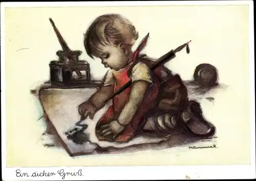 Künstler Ak Hummel, Berta, Ein dicker Gruß, Kind, Tintenfass
