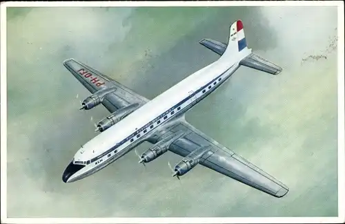 Künstler Ak Passagierflugzeug Douglas DC 6 B der KLM, PH-DFJ