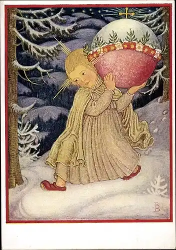 Künstler Ak Kind mit Weihnachtsbaumkugel, Wald, Schnee