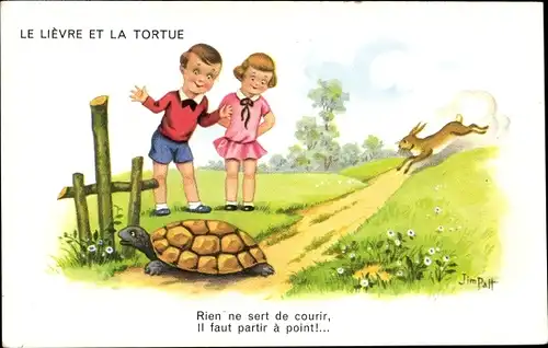 Künstler Ak Patt, Jim, Le Lievre et la Tortue, Schildkröte, Hase, Wettlauf
