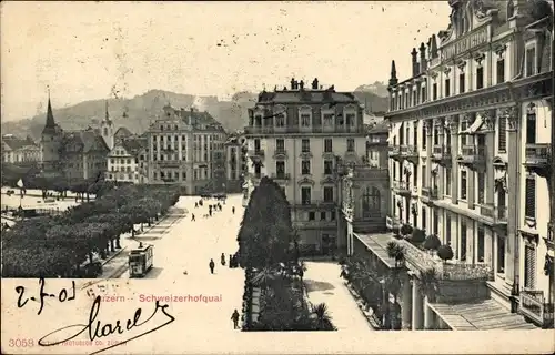 Ak Luzern Stadt Schweiz, Schweizerhofquai, Straßenbahn