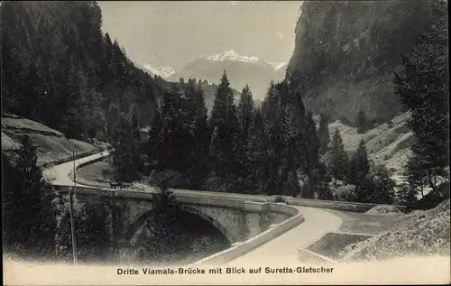 Ak Thusis Kanton Graubünden, Dritte Viamala Brücke mit Blick auf Suretta Gletscher