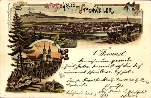 Litho Uttenweiler Baden Württemberg, Panorama des Ortes, Kirche, Pferdepflug