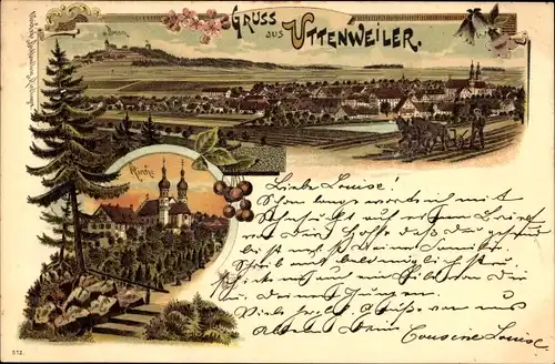 Litho Uttenweiler Baden Württemberg, Panorama des Ortes, Kirche, Pferdepflug