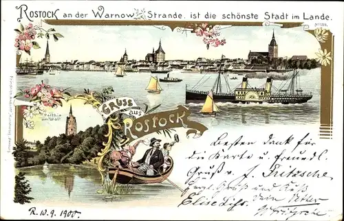 Litho Hansestadt Rostock, Warnow Strand, Wall, Dampfer