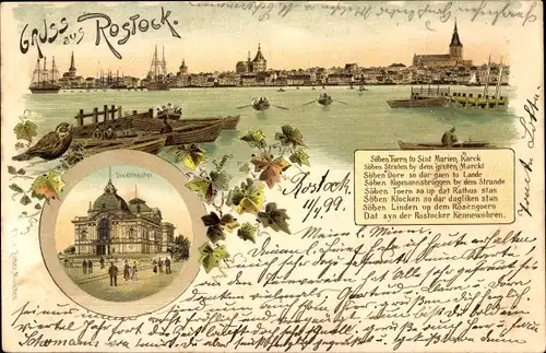 Litho Rostock in Mecklenburg Vorpommern, Stadttheater, Panorama vom Hafen