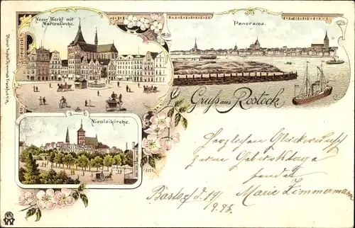 Litho Hansestadt Rostock, Panorama, Markt, Marienkirche, Nikolaikirche