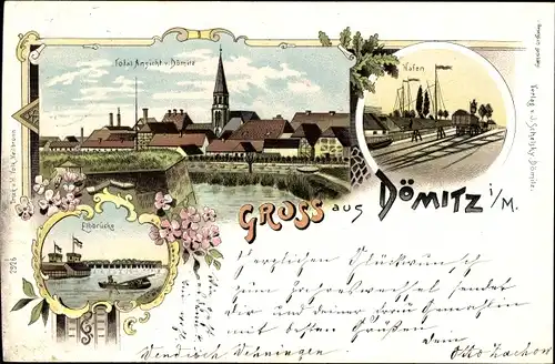 Litho Dömitz an der Elbe Mecklenburg, Blick auf den Ort, Hafen, Elbbrücke