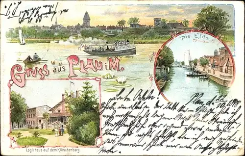 Litho Plau in Mecklenburg, Logierhaus auf dem Klüschenberg, die Elde