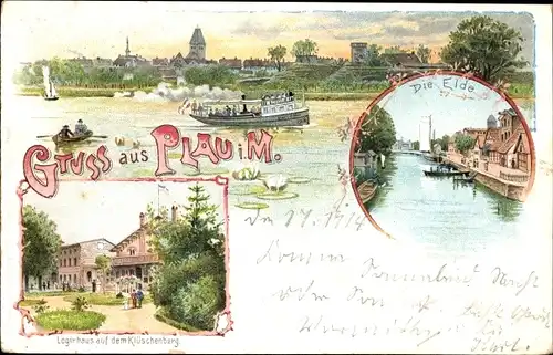 Litho Plau in Mecklenburg, Logierhaus auf dem Klüschenberg, die Elde