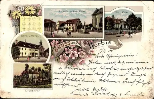 Litho Worbis im Eichsfeld Thüringen, Marktplatz, Pfarrei, Villa Müller, Klosterkirche